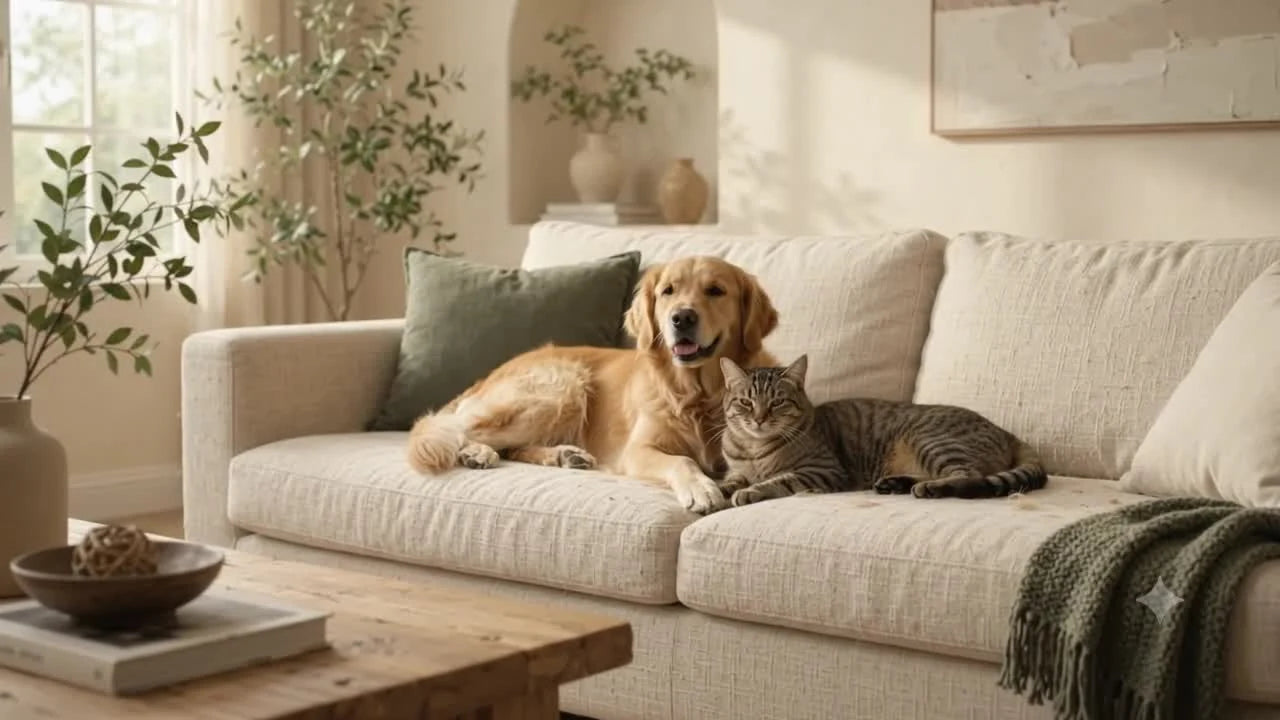 A dog and cat relaxing together on a sofa