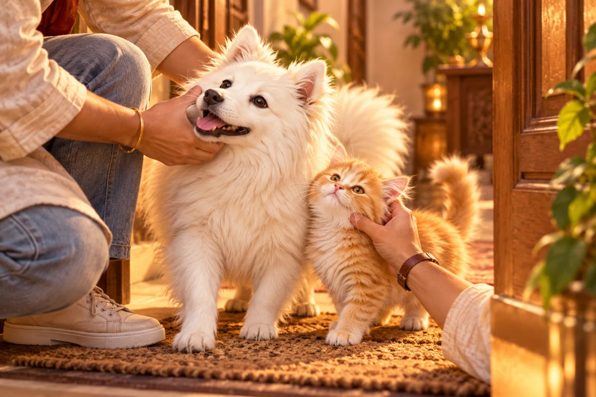 An Indian pet parent greets the white dog and orange kitten at home