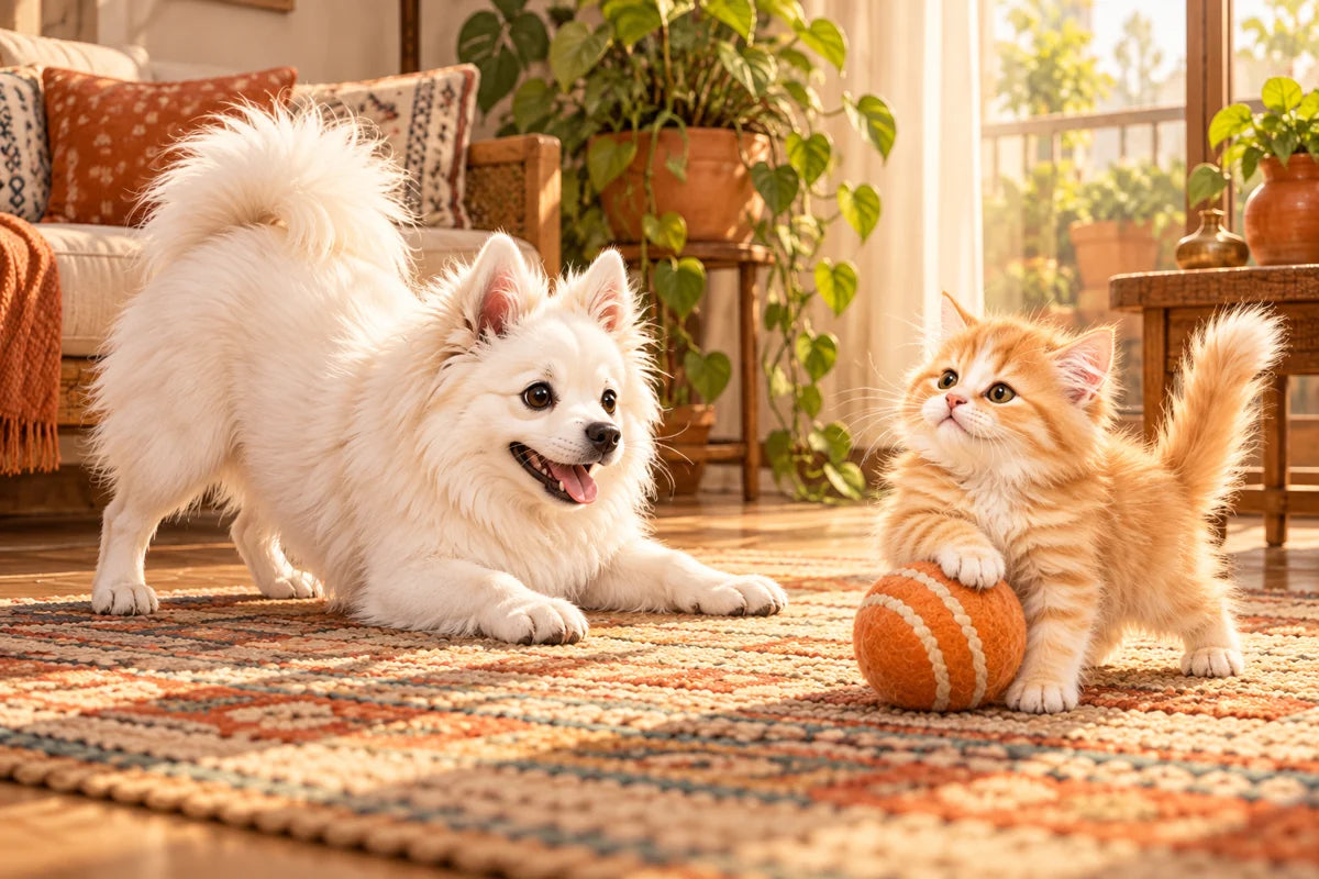 The PawVibe white dog play-bows to an orange kitten with a toy ball