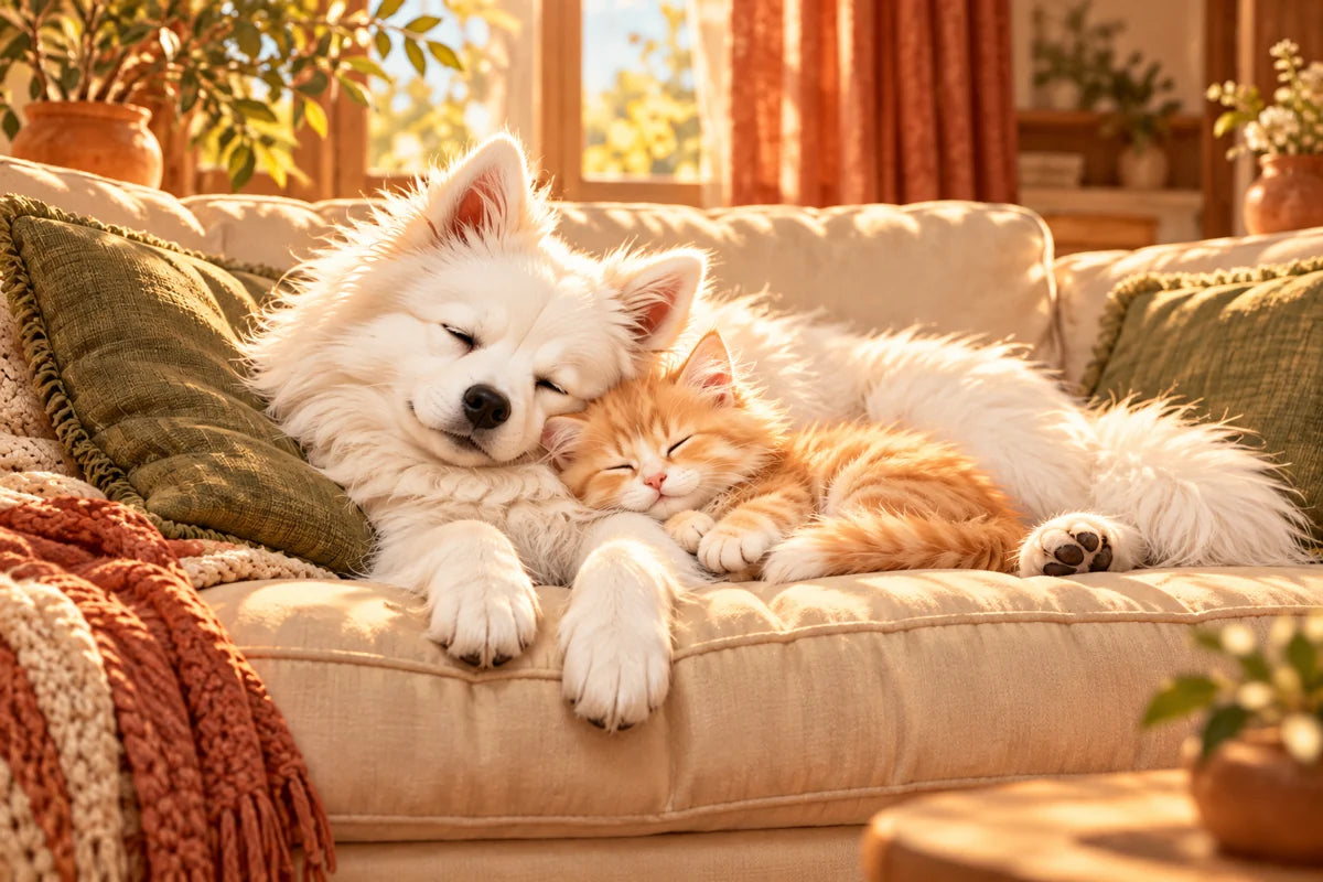 The white dog and orange kitten nap together on a cream sofa